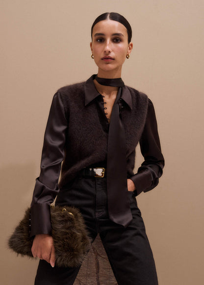 Brown Brushed Cashmere V-Neck Sweater Vest | ME+EM