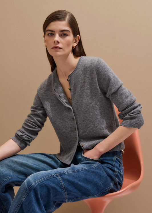 Gray Cashmere Roll Trim Straight Cardigan | ME+EM