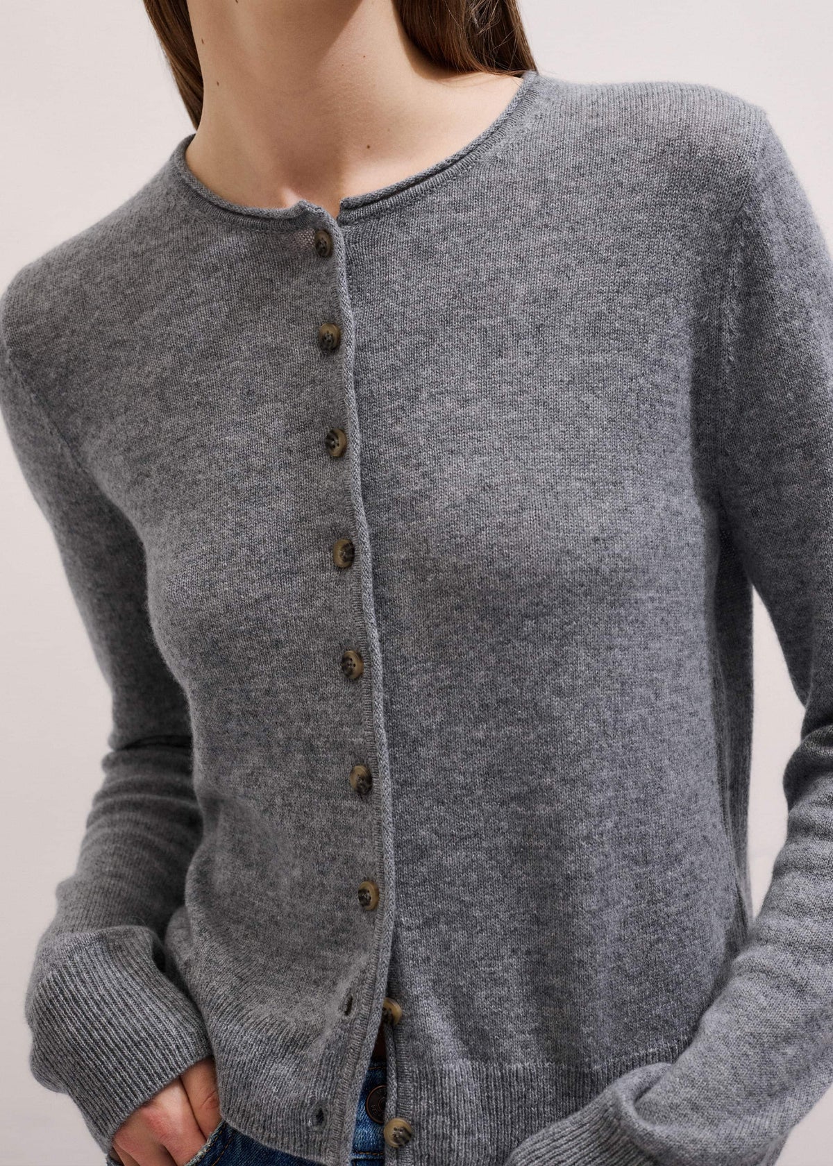 Gray Cashmere Roll Trim Straight Cardigan | ME+EM