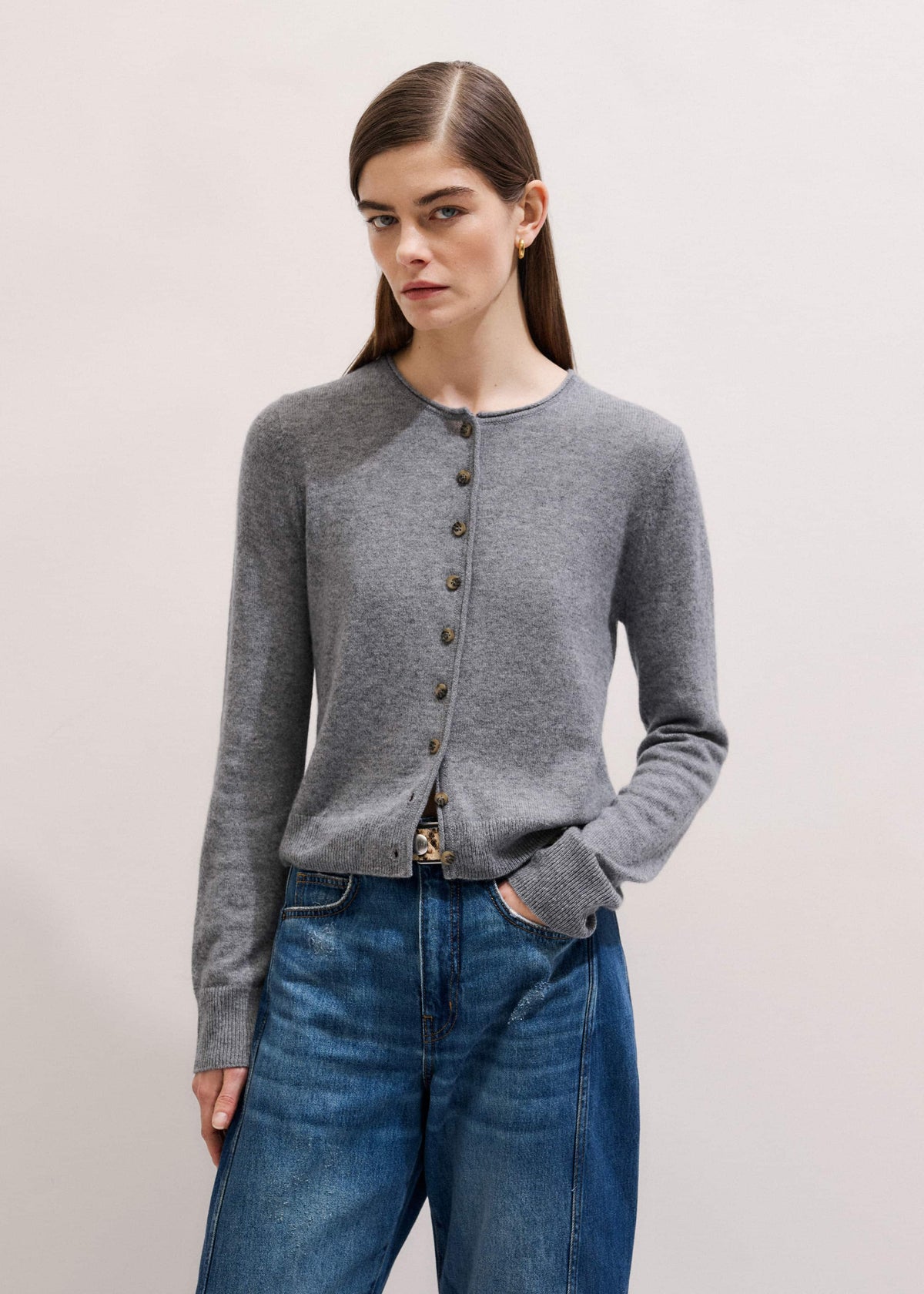 Gray Cashmere Roll Trim Straight Cardigan | ME+EM