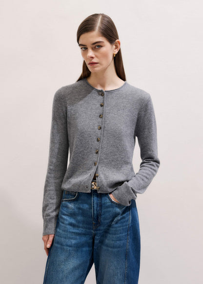 Gray Cashmere Roll Trim Straight Cardigan | ME+EM