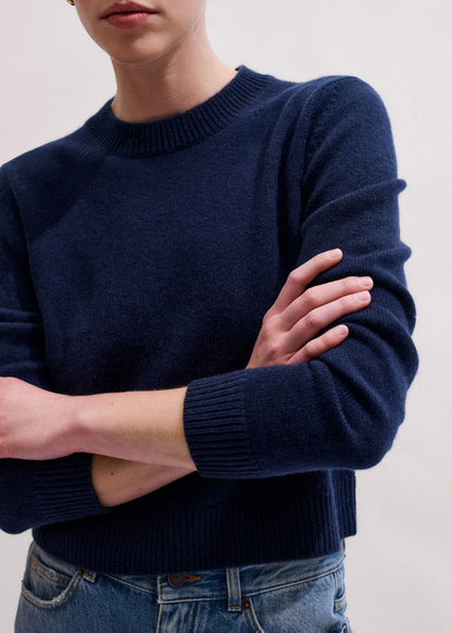 Navy Cashmere Crew Neck Crop Sweater | ME+EM