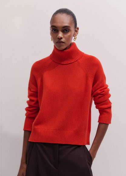 Red Cashmere Curved Hem Raglan Sweater + Snood | ME+EM