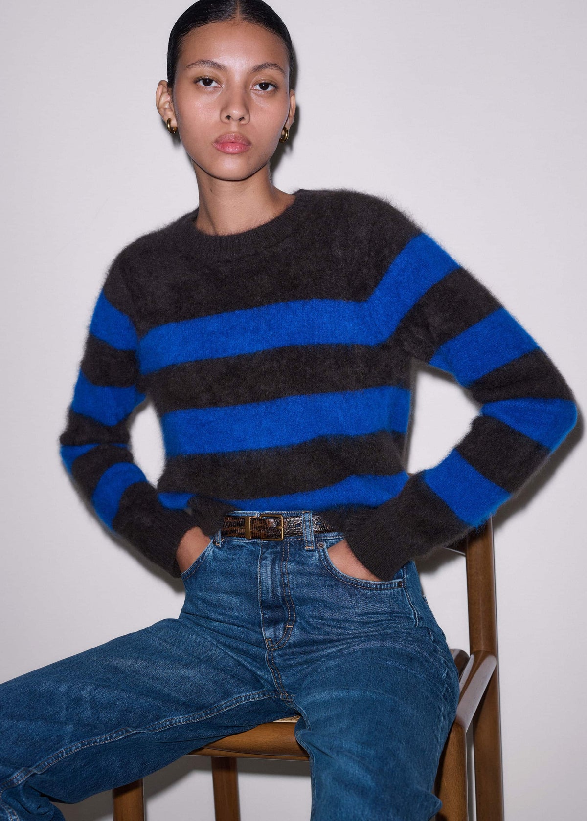 Brown Brushed Cashmere Stripe Crop Jumper | ME+EM