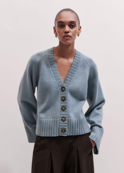 Blue V-Neck Relaxed Raglan Cardigan | ME+EM