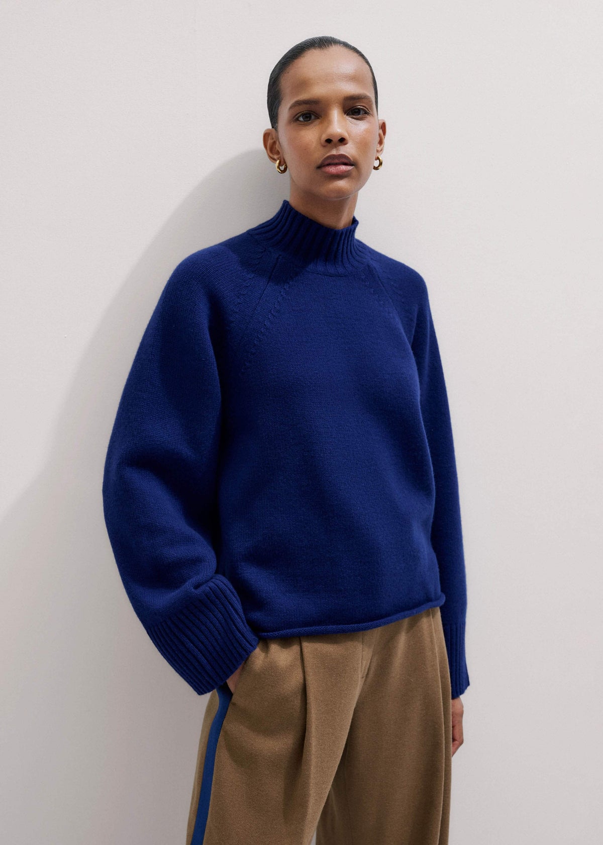 Blue High Neck Relaxed Raglan Sweater | ME+EM