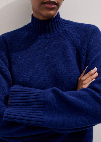 Blue High Neck Relaxed Raglan Sweater | ME+EM