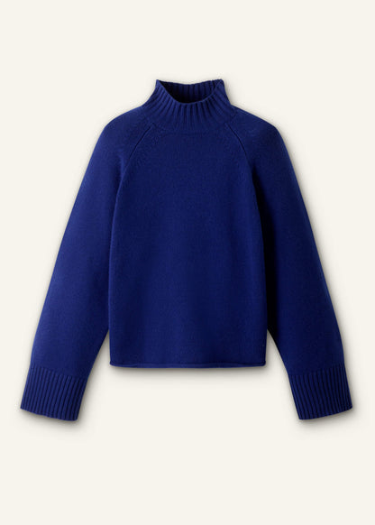 Blue High Neck Relaxed Raglan Sweater | ME+EM