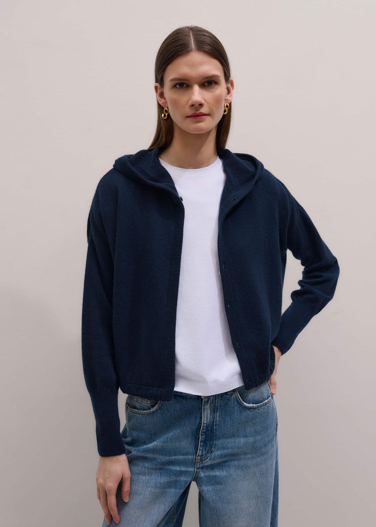 Dark Navy Cashmere Drop Shoulder Box Crop Hoodie | ME+EM