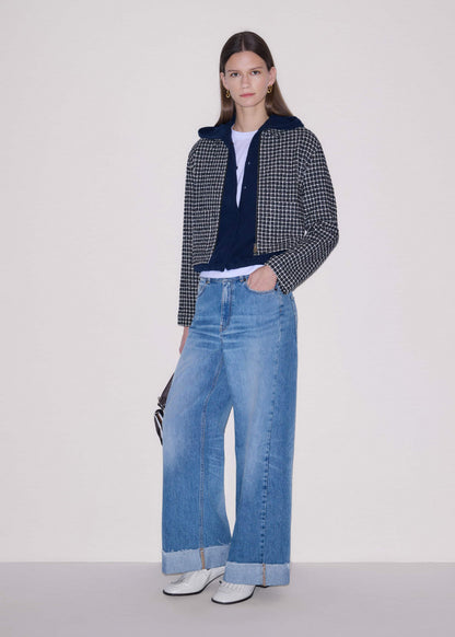 Dark Navy Cashmere Drop Shoulder Box Crop Hoodie | ME+EM