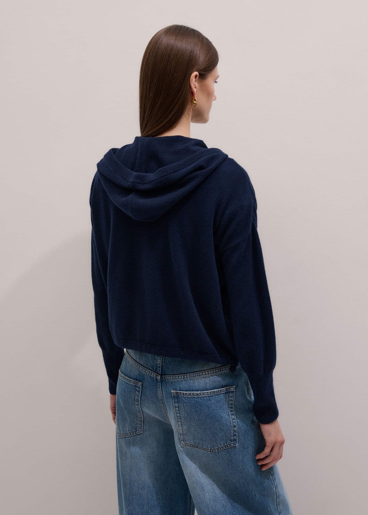 Dark Navy Cashmere Drop Shoulder Box Crop Hoodie | ME+EM