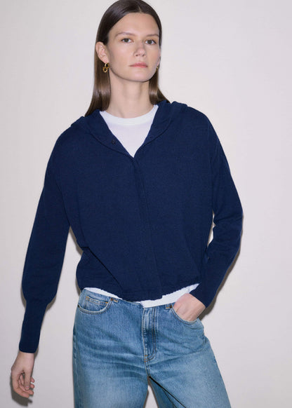 Dark Navy Cashmere Drop Shoulder Box Crop Hoodie | ME+EM