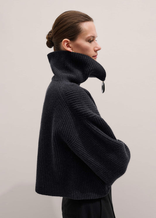 Grey Relaxed Fly Neck Zip Jumper | ME+EM