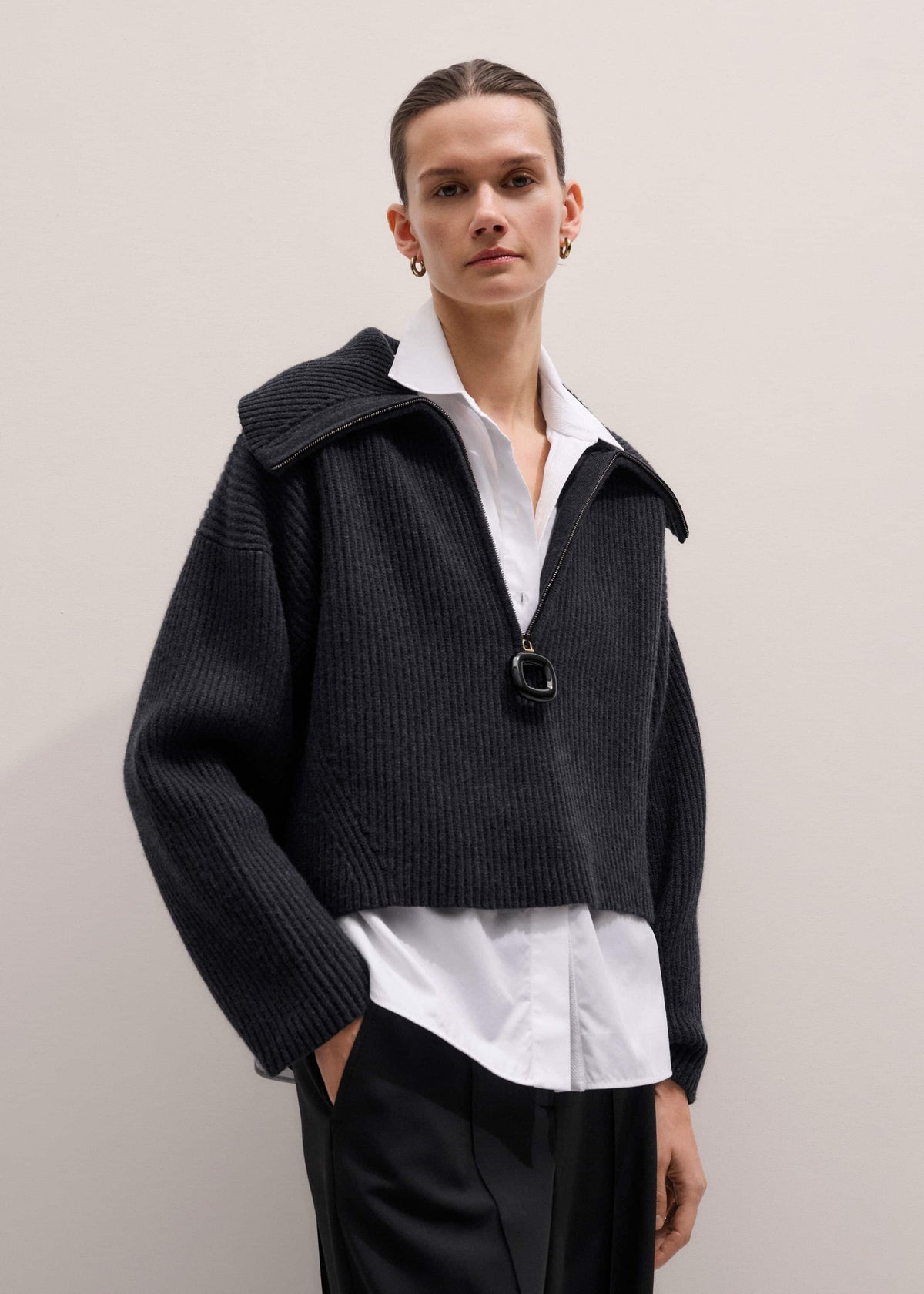 Grey Relaxed Fly Neck Zip Jumper | ME+EM