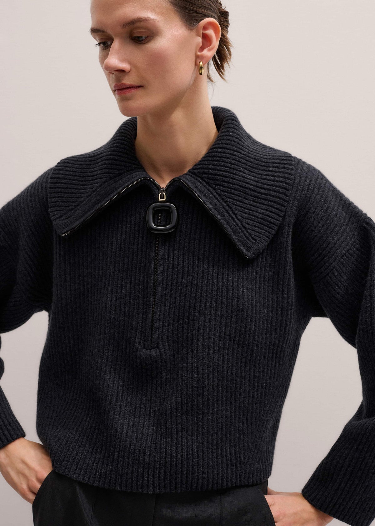 Grey Relaxed Fly Neck Zip Jumper | ME+EM