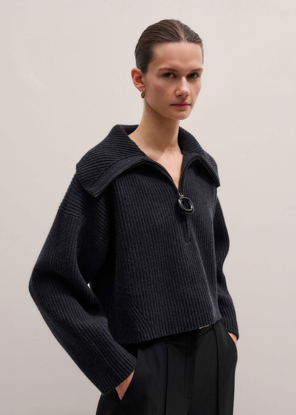 Grey Relaxed Fly Neck Zip Jumper | ME+EM