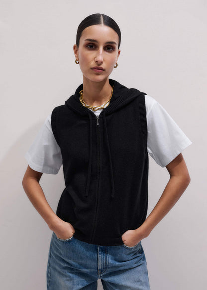 Black Cashmere Sleeveless Relaxed Zip Hoodie | ME+EM