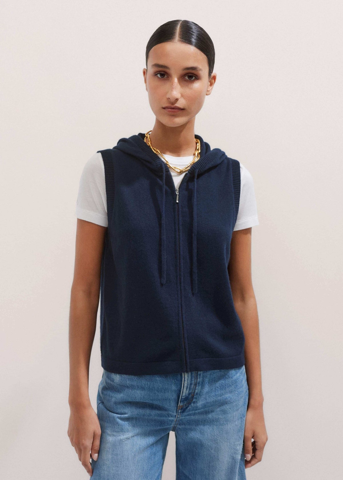 Navy Icon Cashmere Sleeveless Blazer Hoodie | Knitwear | ME+EM