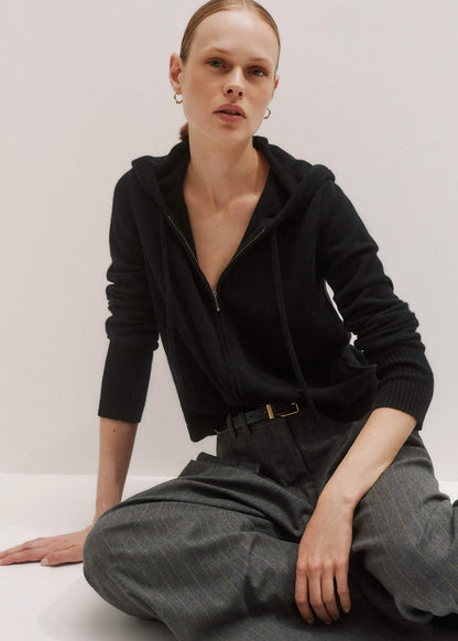 Black Cashmere Relaxed Fit Box Zip Hoodie | ME+EM
