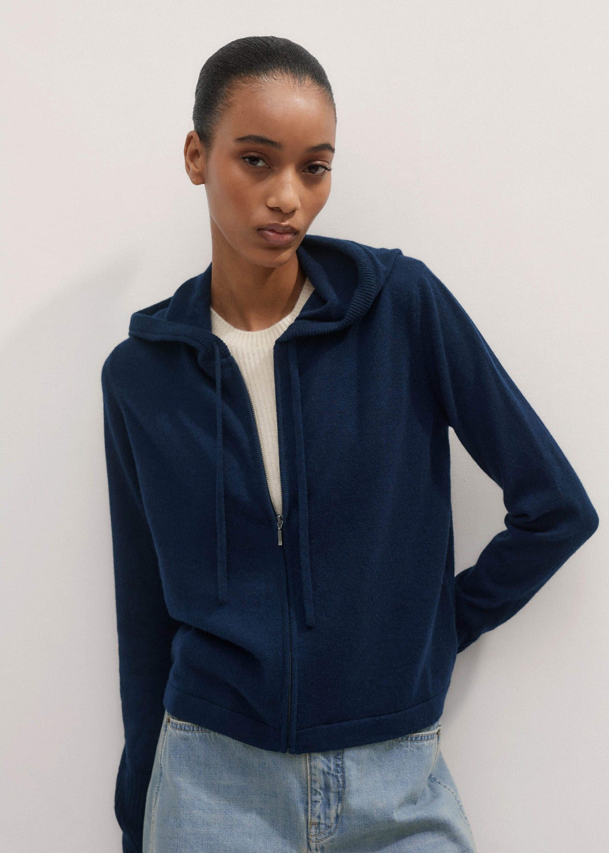 Navy Cashmere Relaxed Fit Box Zip Hoodie | ME+EM