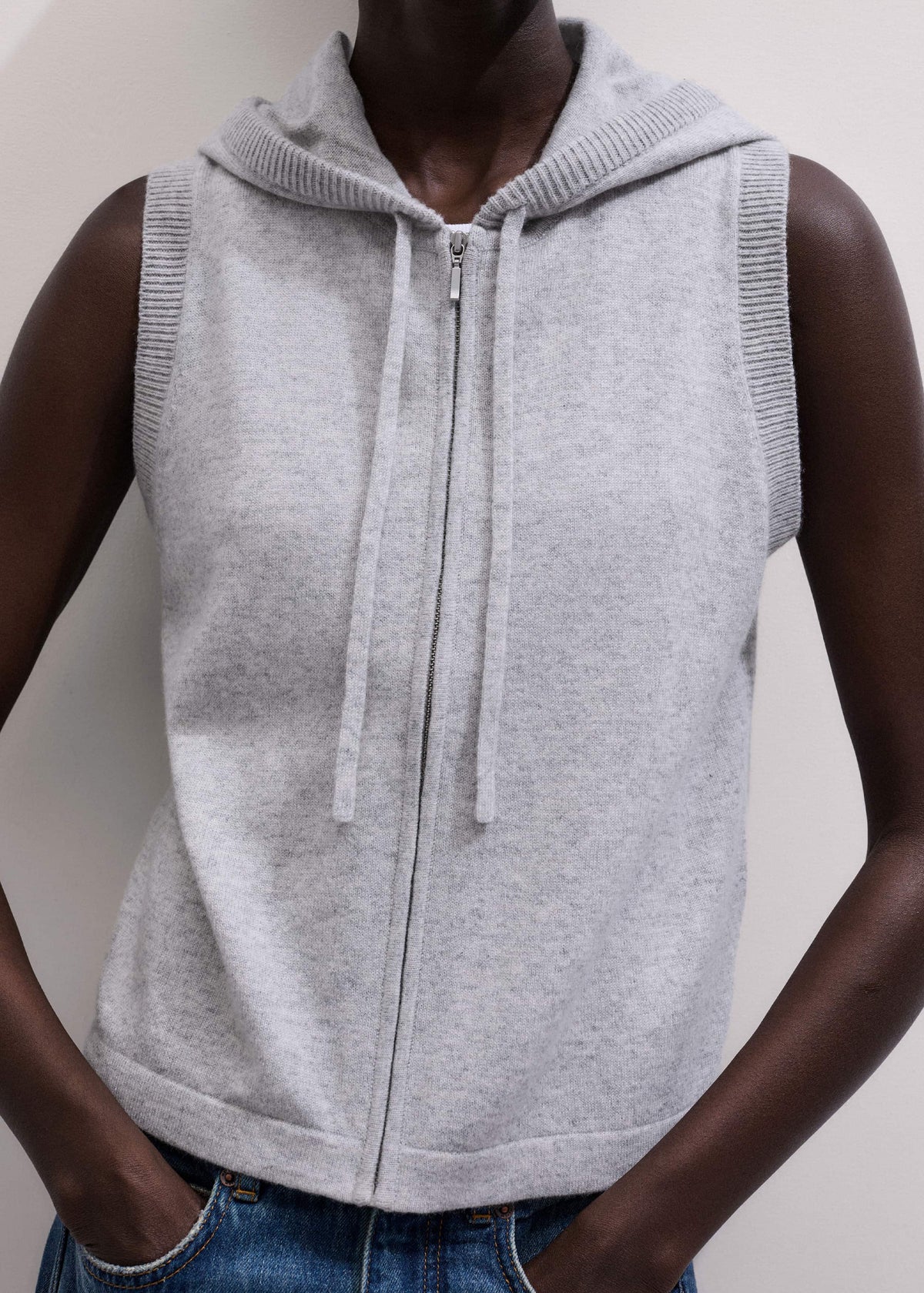 Gray Cashmere Sleeveless Relaxed Zip Hoodie | ME+EM