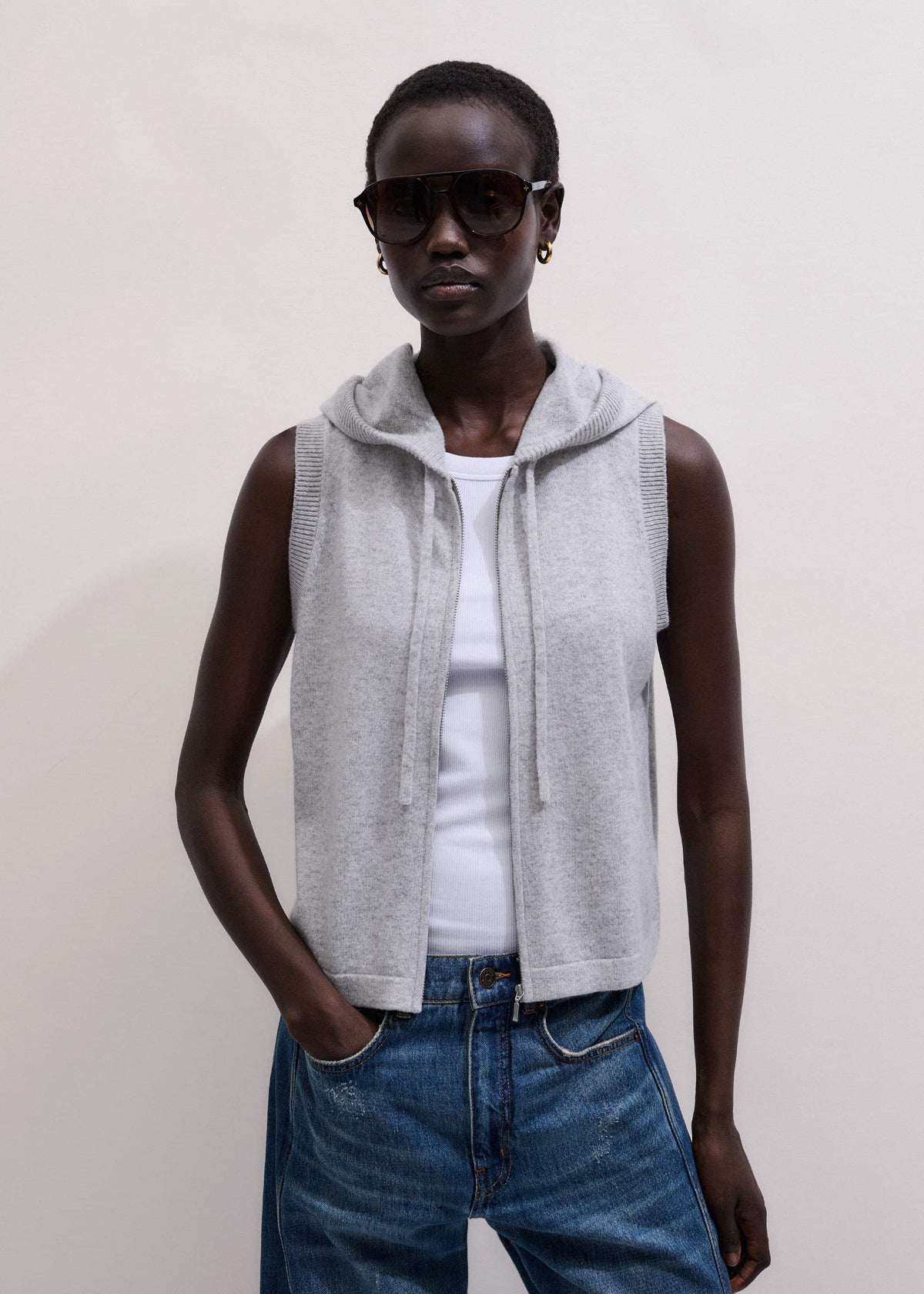 Gray Cashmere Sleeveless Relaxed Zip Hoodie | ME+EM