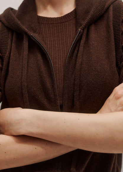 Brown Cashmere Sleeveless Relaxed Zip Hoodie | ME+EM