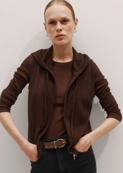 Brown Cashmere Sleeveless Relaxed Zip Hoodie | ME+EM