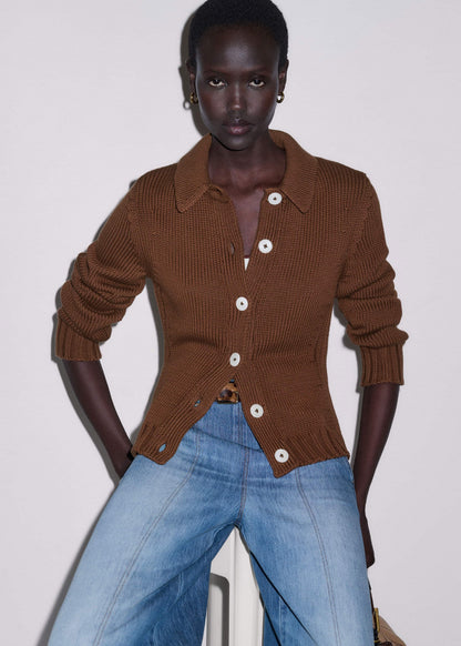 Brown Slim Collared Cardigan | ME+EM