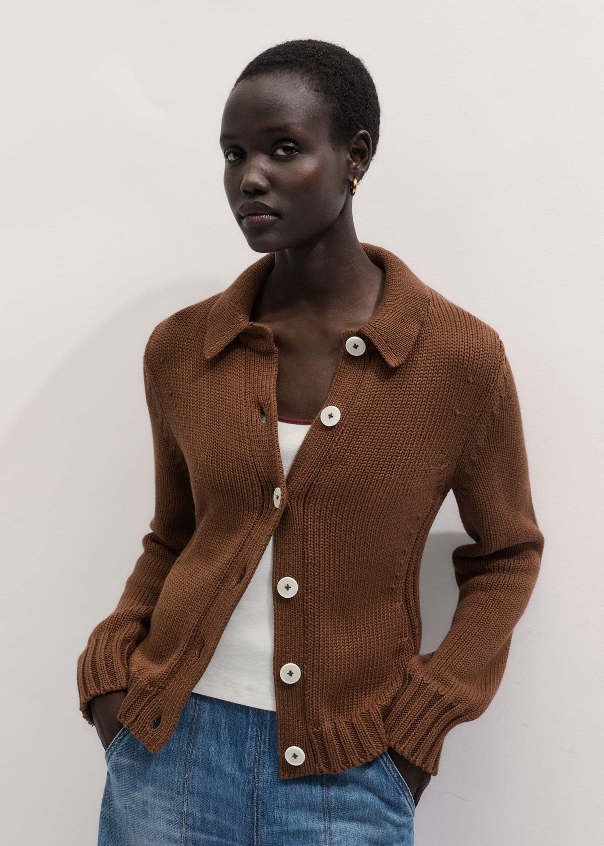 Brown Slim Collared Cardigan | ME+EM