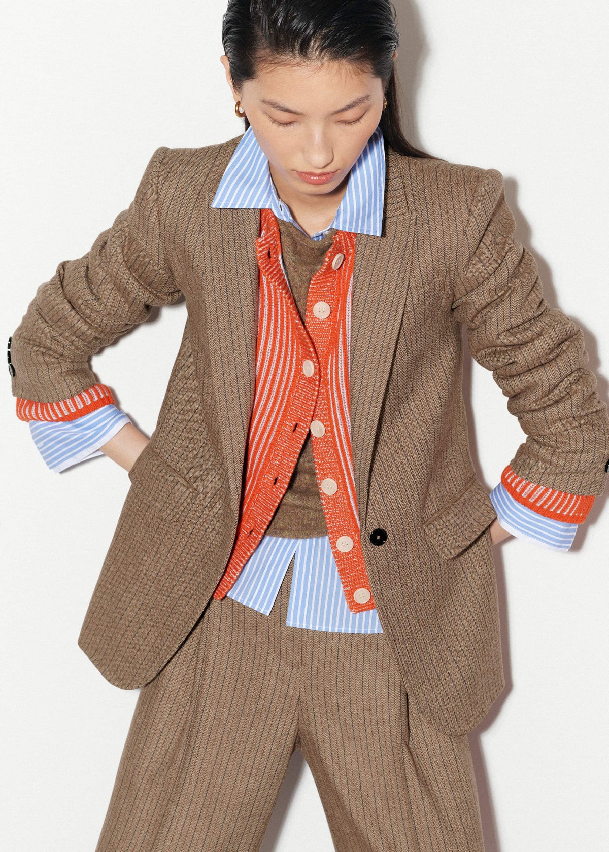 Orange Contrast Rib Straight Cardigan | ME+EM