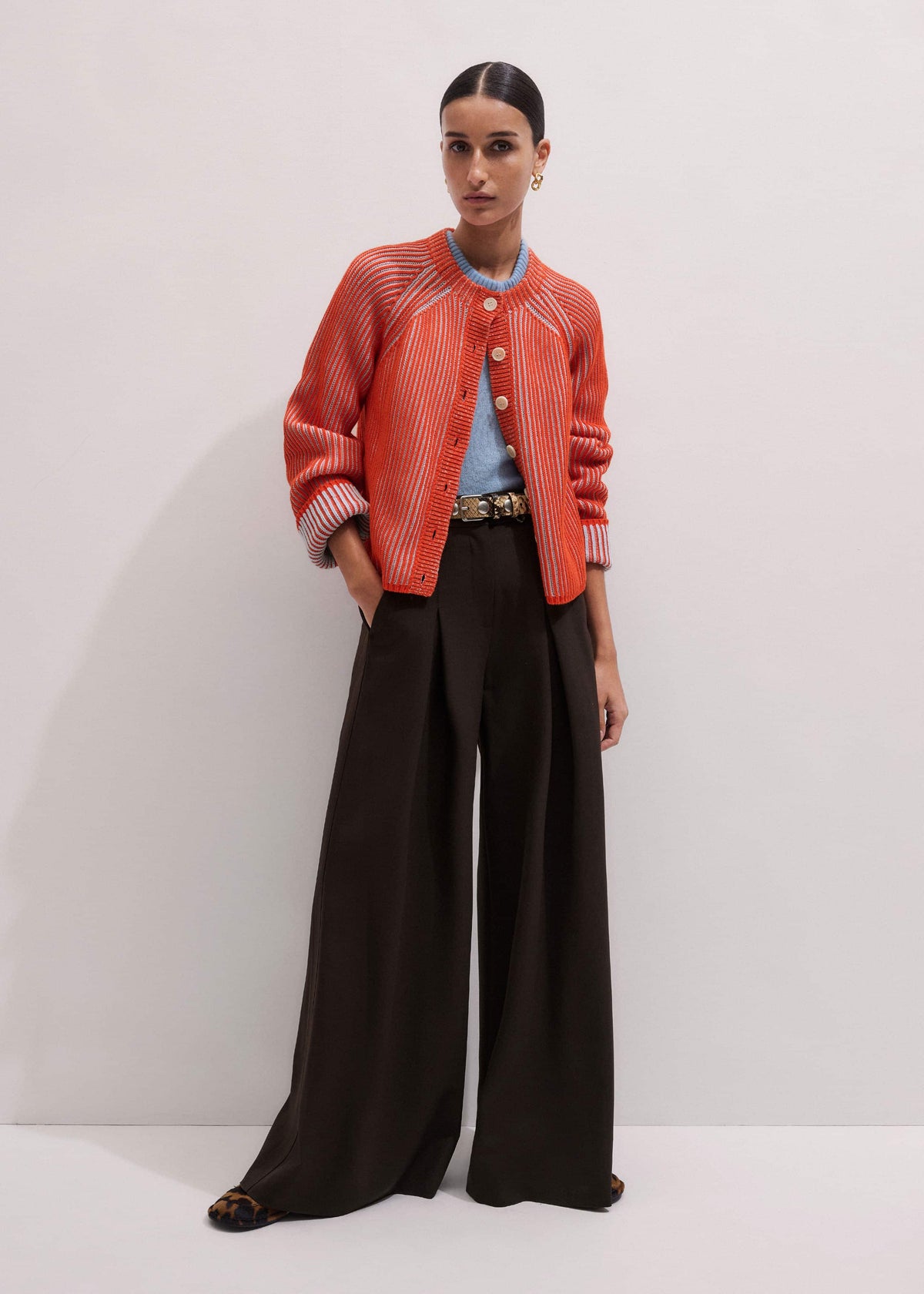 Orange Contrast Rib Straight Cardigan | ME+EM