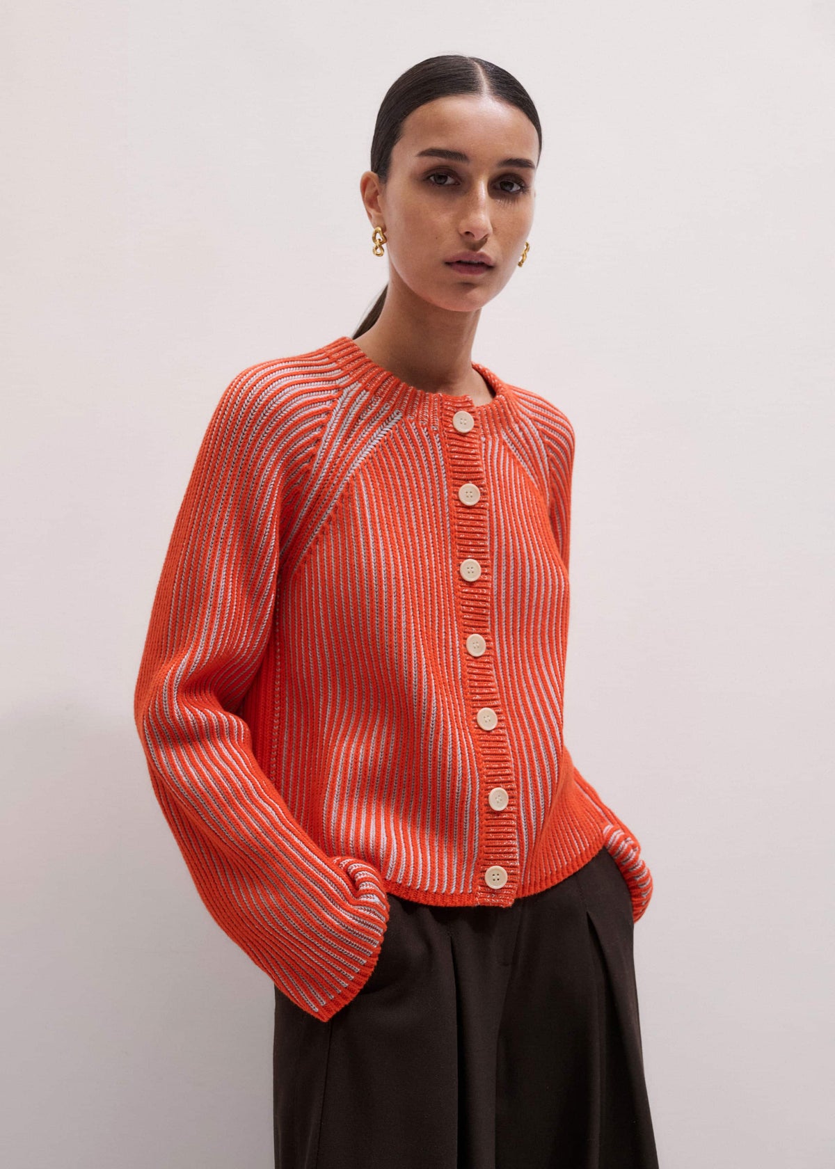 Orange Contrast Rib Straight Cardigan | ME+EM