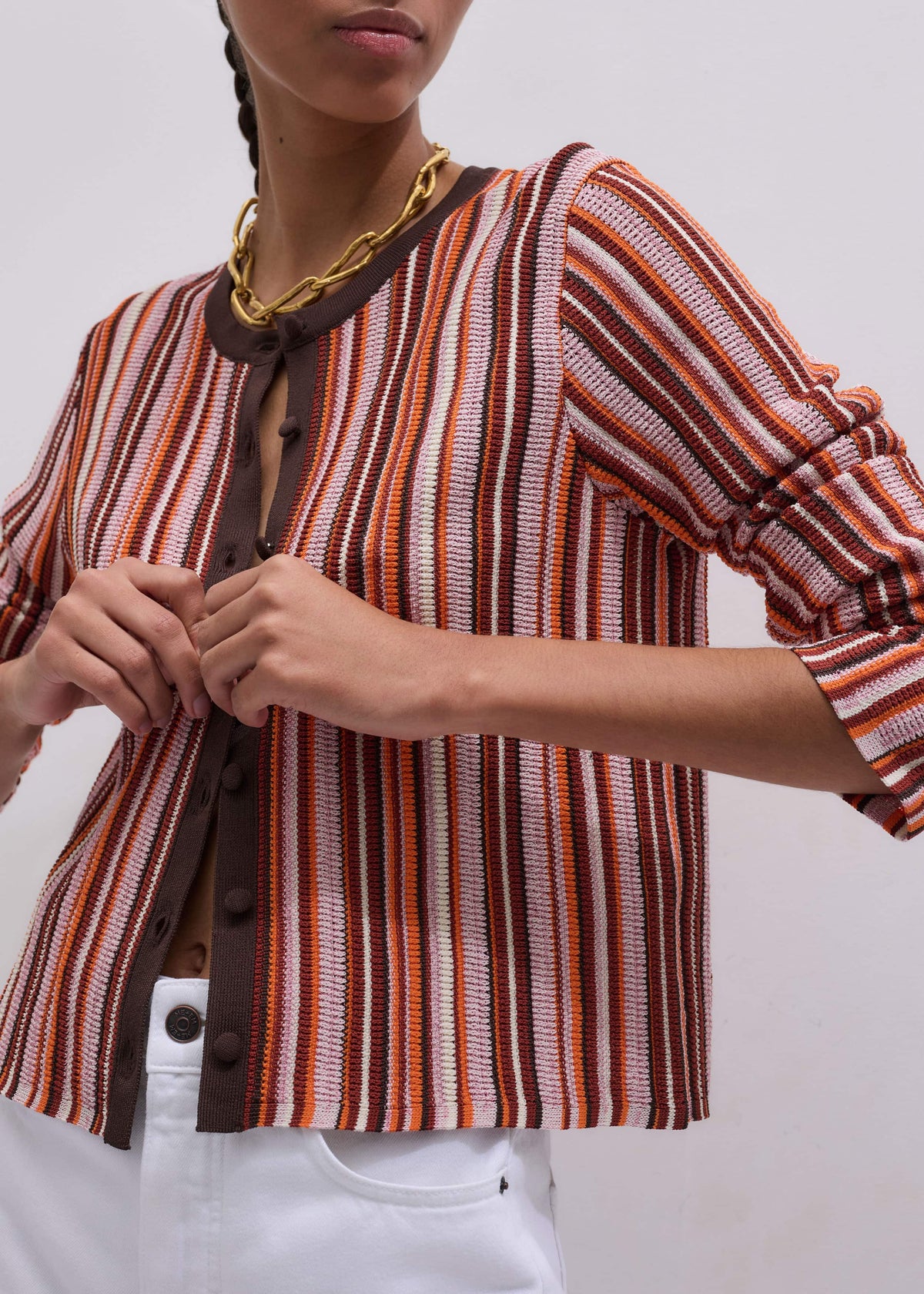 Cinnamon Brown Metallic Stripe Cardigan | ME+EM