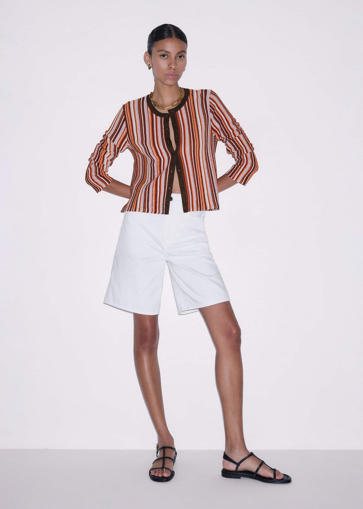 Cinnamon Brown Metallic Stripe Cardigan | ME+EM