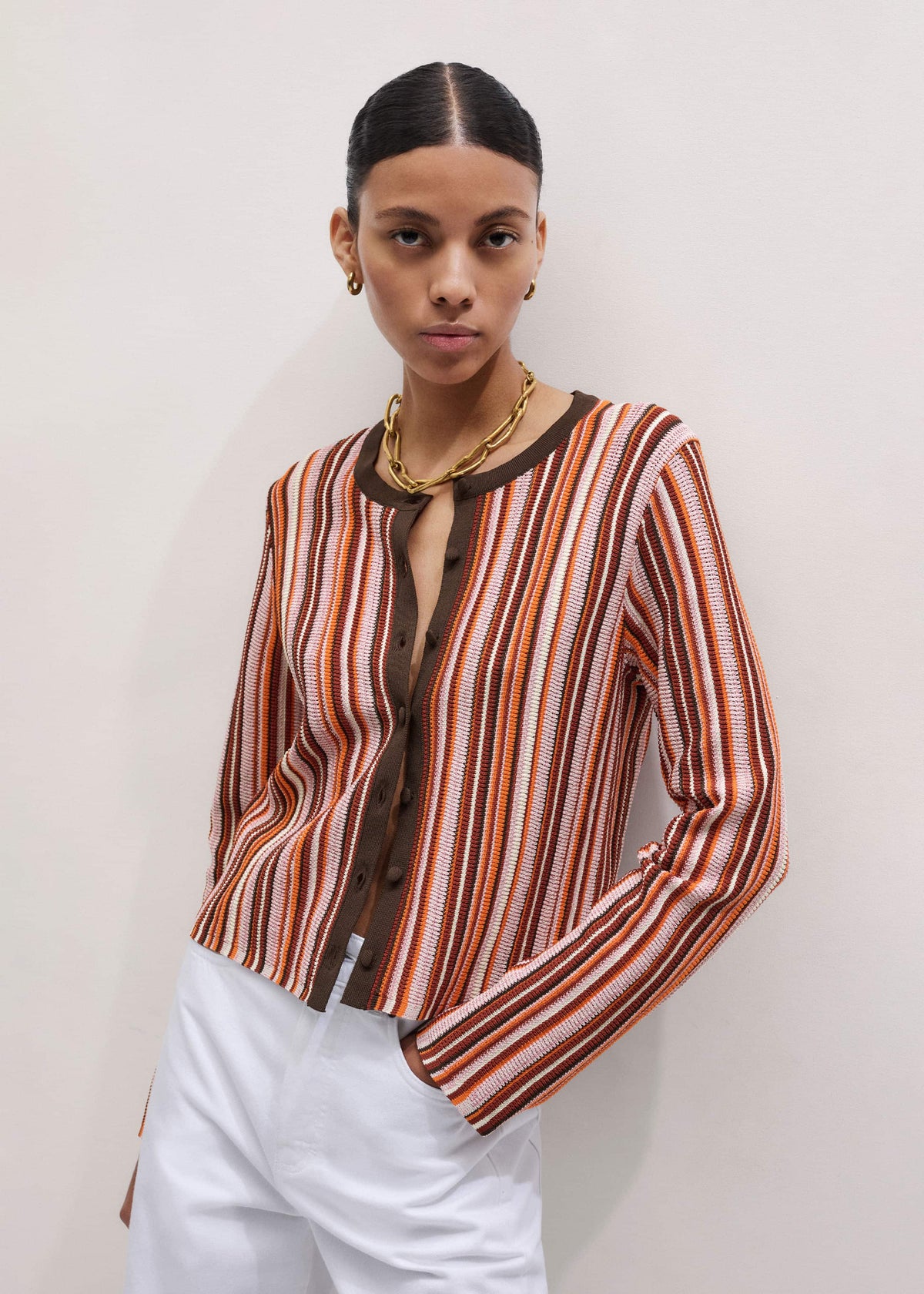 Cinnamon Brown Metallic Stripe Cardigan | ME+EM