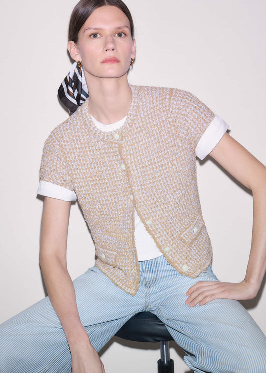 Cream Tweed Knit Pouf Shoulder Textured Crop Jacket | ME+EM