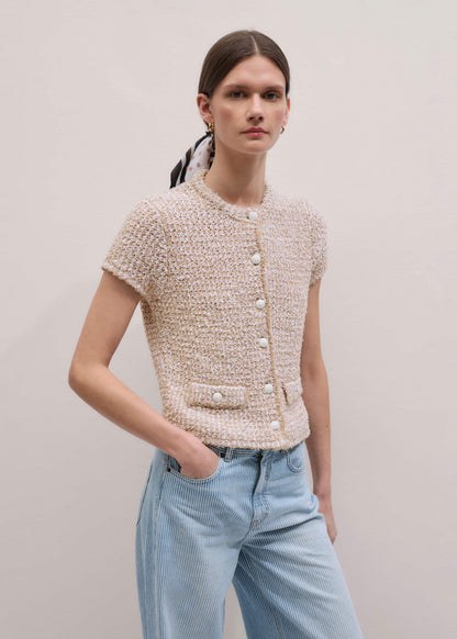 Cream Tweed Knit Pouf Shoulder Textured Crop Jacket | ME+EM