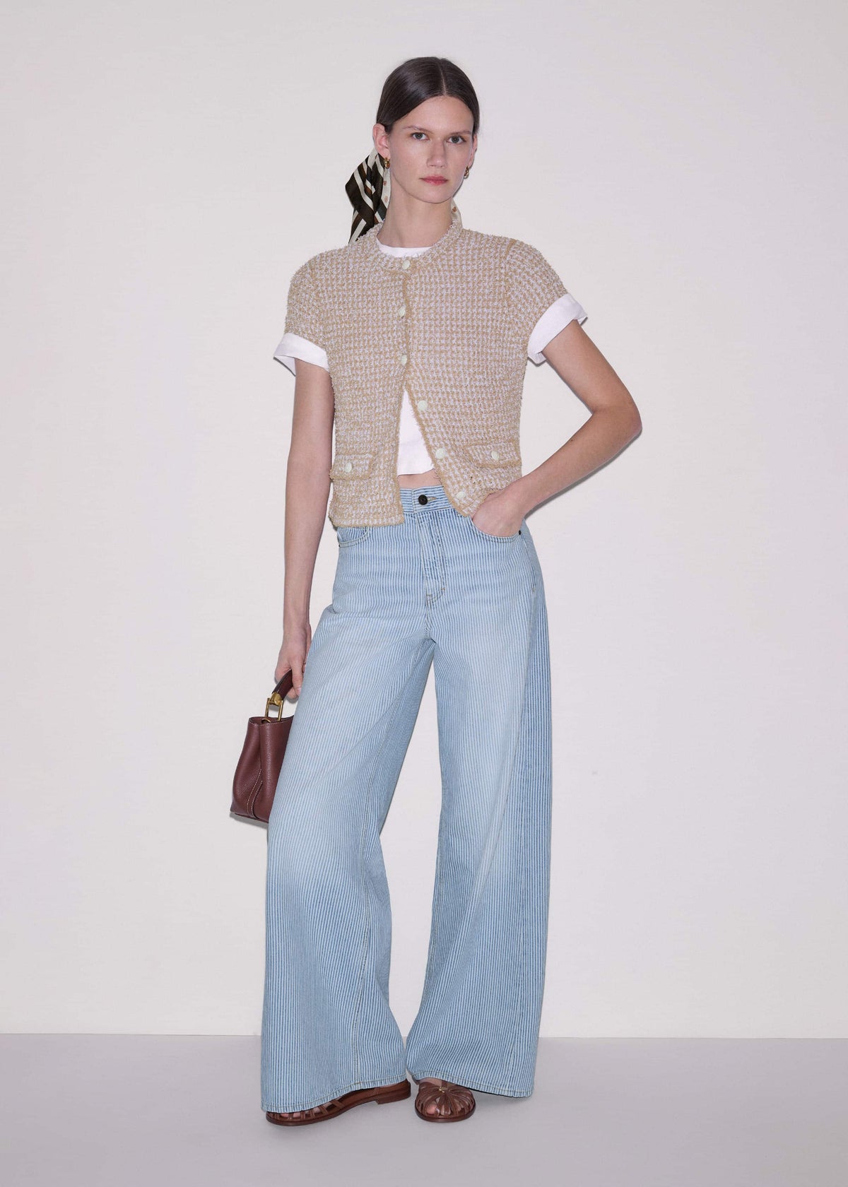 Cream Tweed Knit Pouf Shoulder Textured Crop Jacket | ME+EM