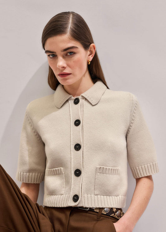 Cream Merino Cashmere Cropped Knit Jacket | ME+EM