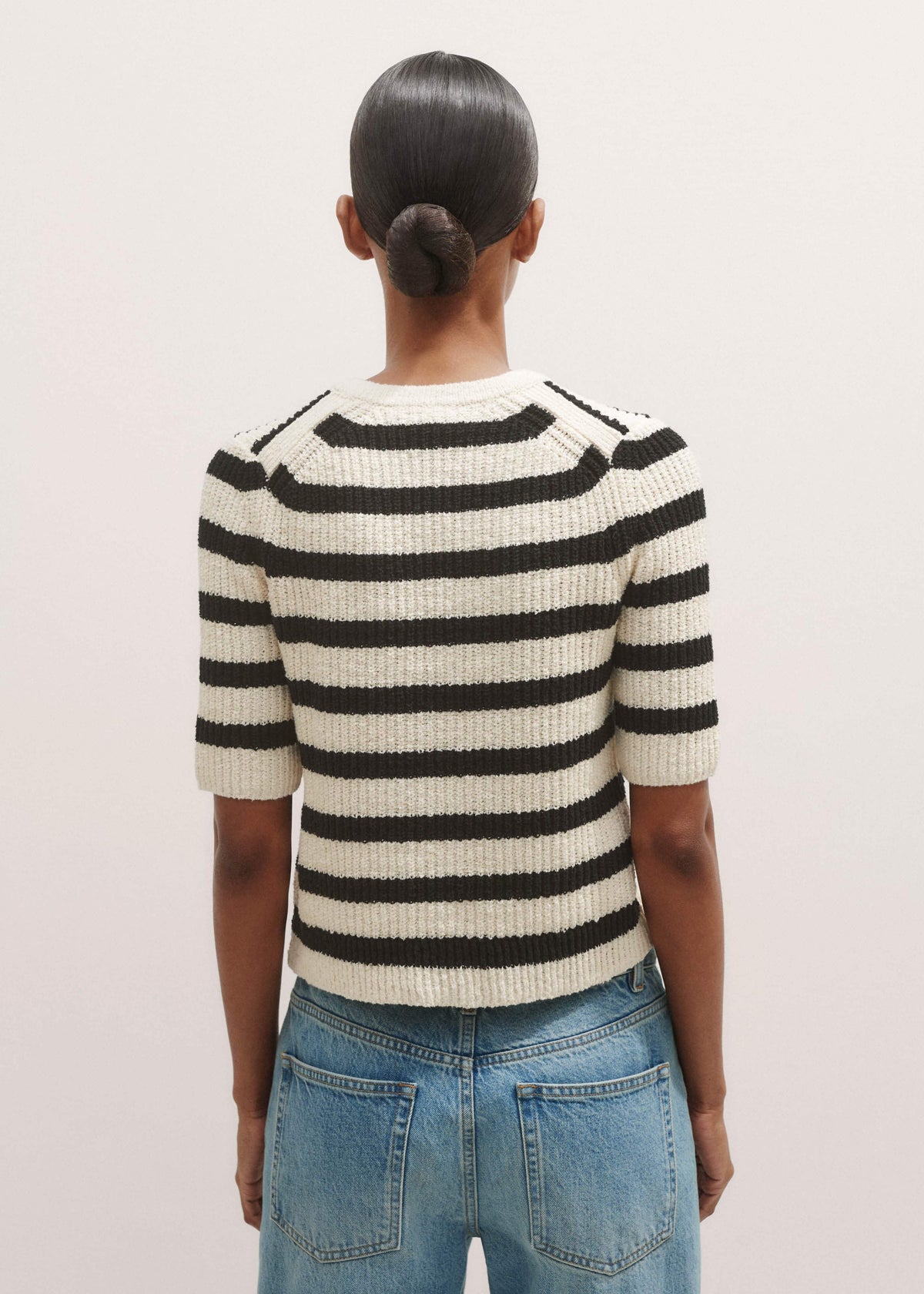 Cream Bouclé Stripe Short Sleeve Cardigan | ME+EM