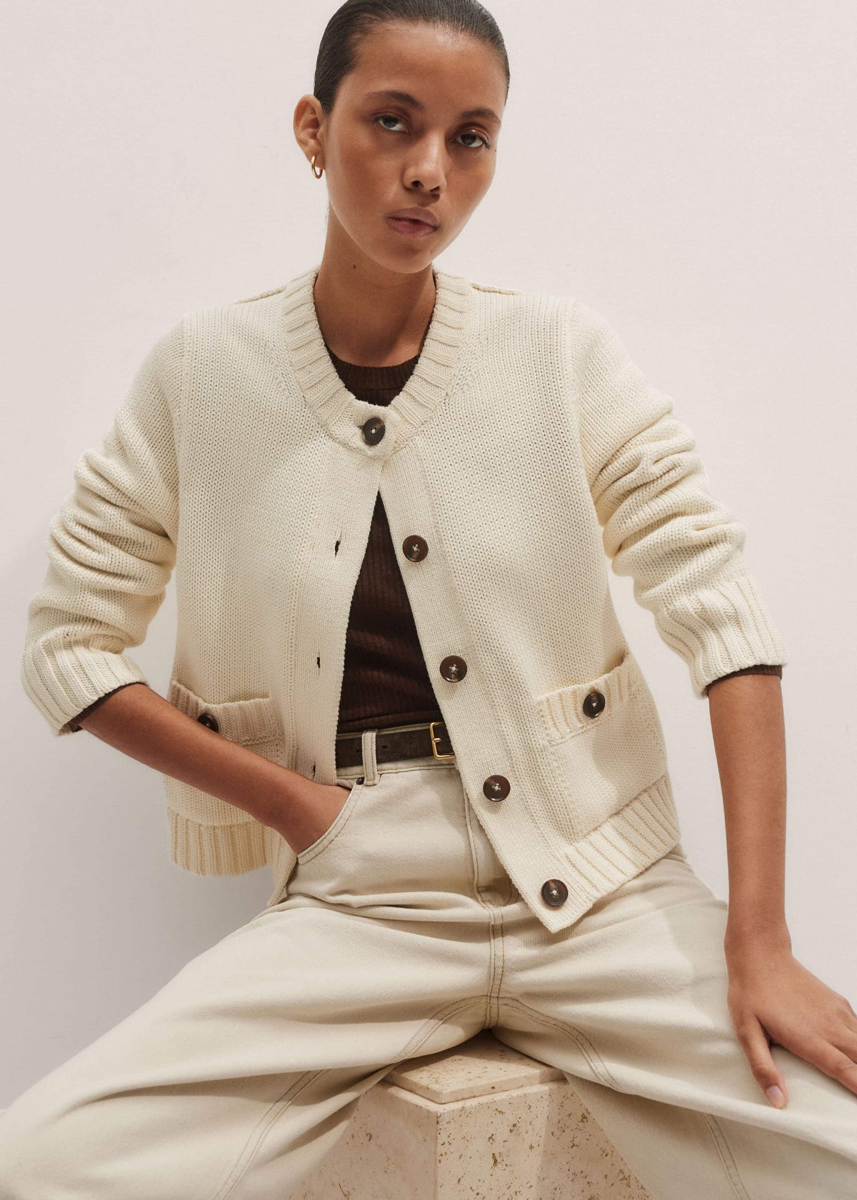 Cream Bracelet Sleeve Cropped Cardigan | ME+EM