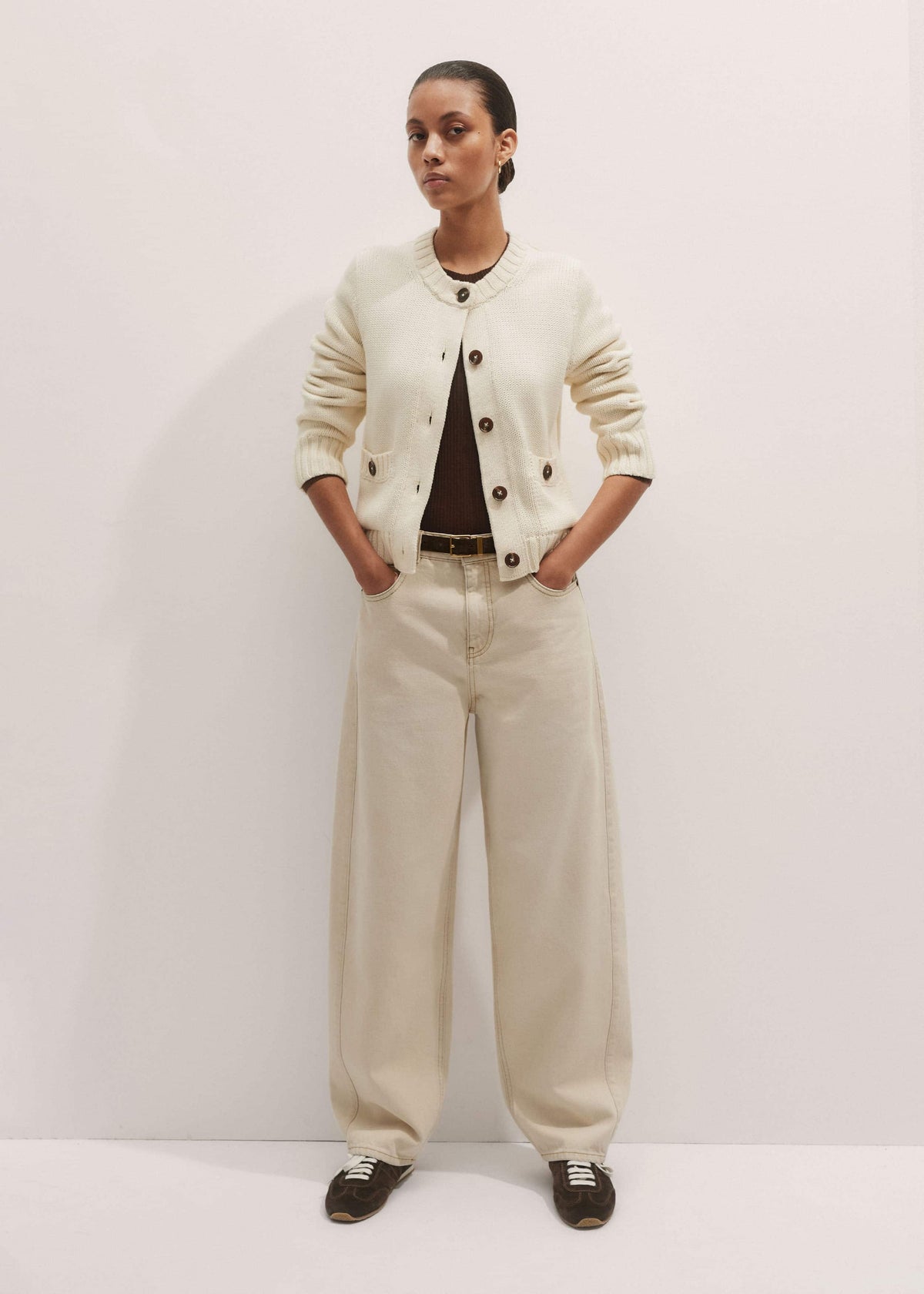Cream Bracelet Sleeve Cropped Cardigan | ME+EM