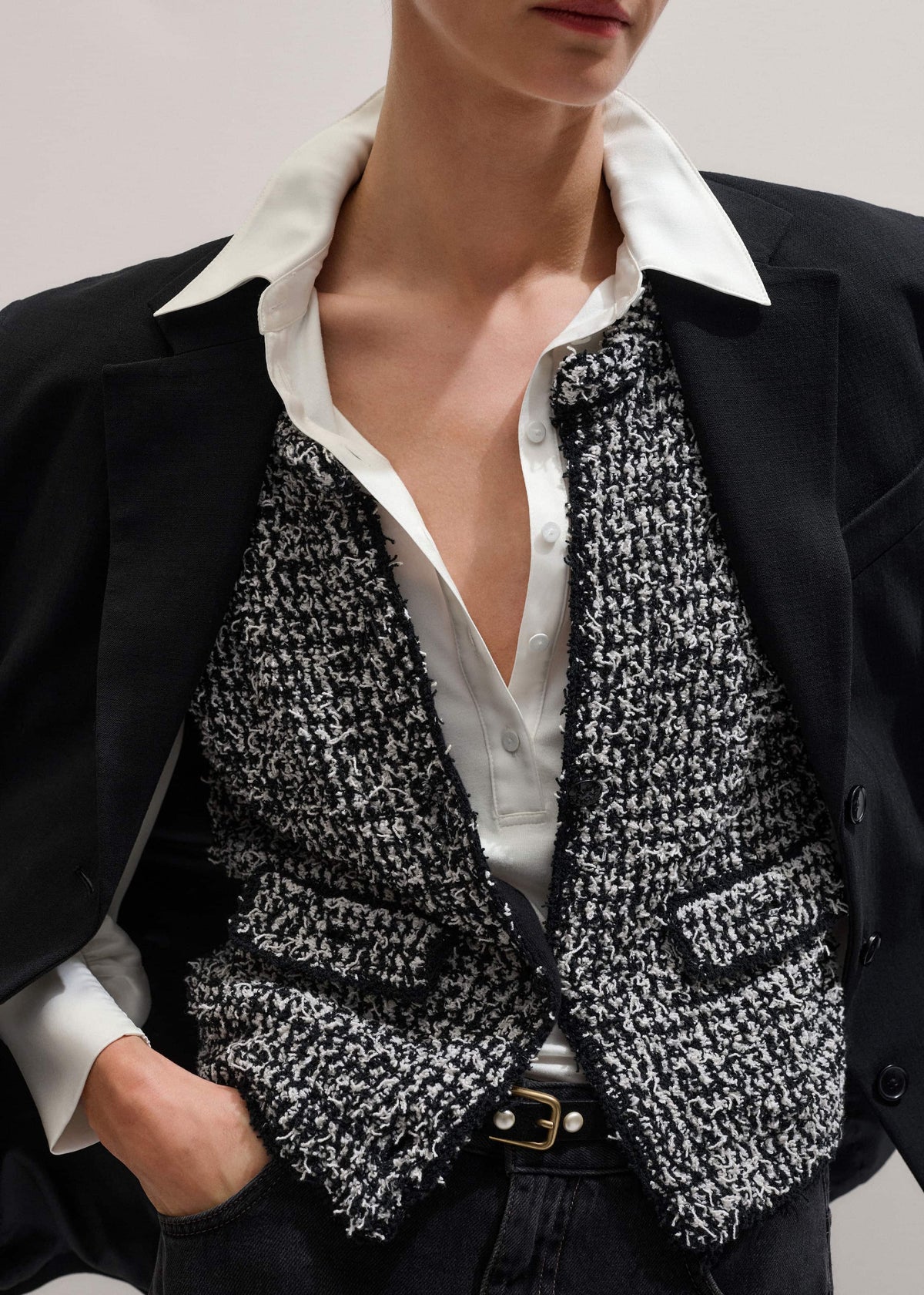 Black Tweed Knit Pouf Sleeve Crop Jacket | ME+EM