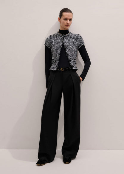 Black Tweed Knit Pouf Sleeve Crop Jacket | ME+EM