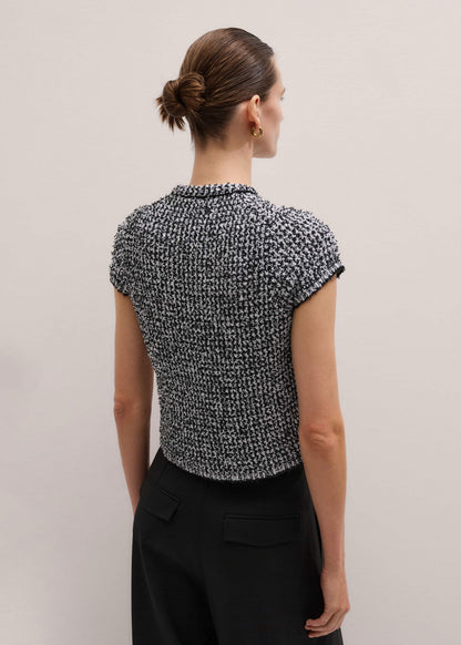 Black Tweed Knit Pouf Sleeve Crop Jacket | ME+EM