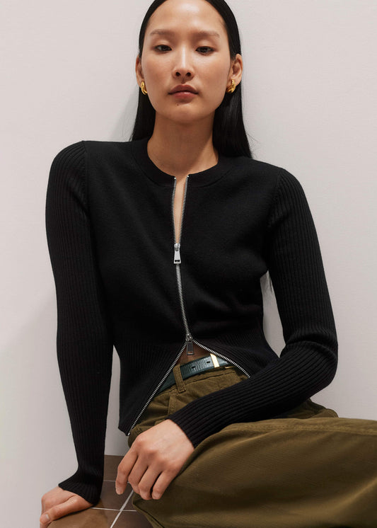 Black Milano Knit Two-Way Zip Cardigan | ME+EM