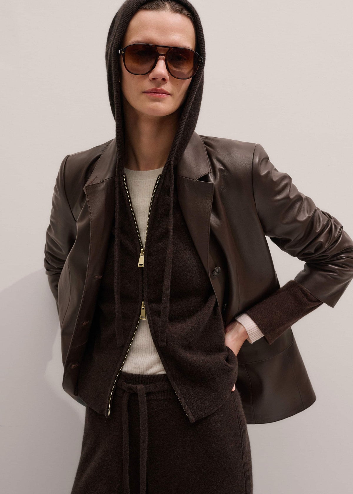 Brown Cashmere Two Way Zip Straight Hoodie | ME+EM