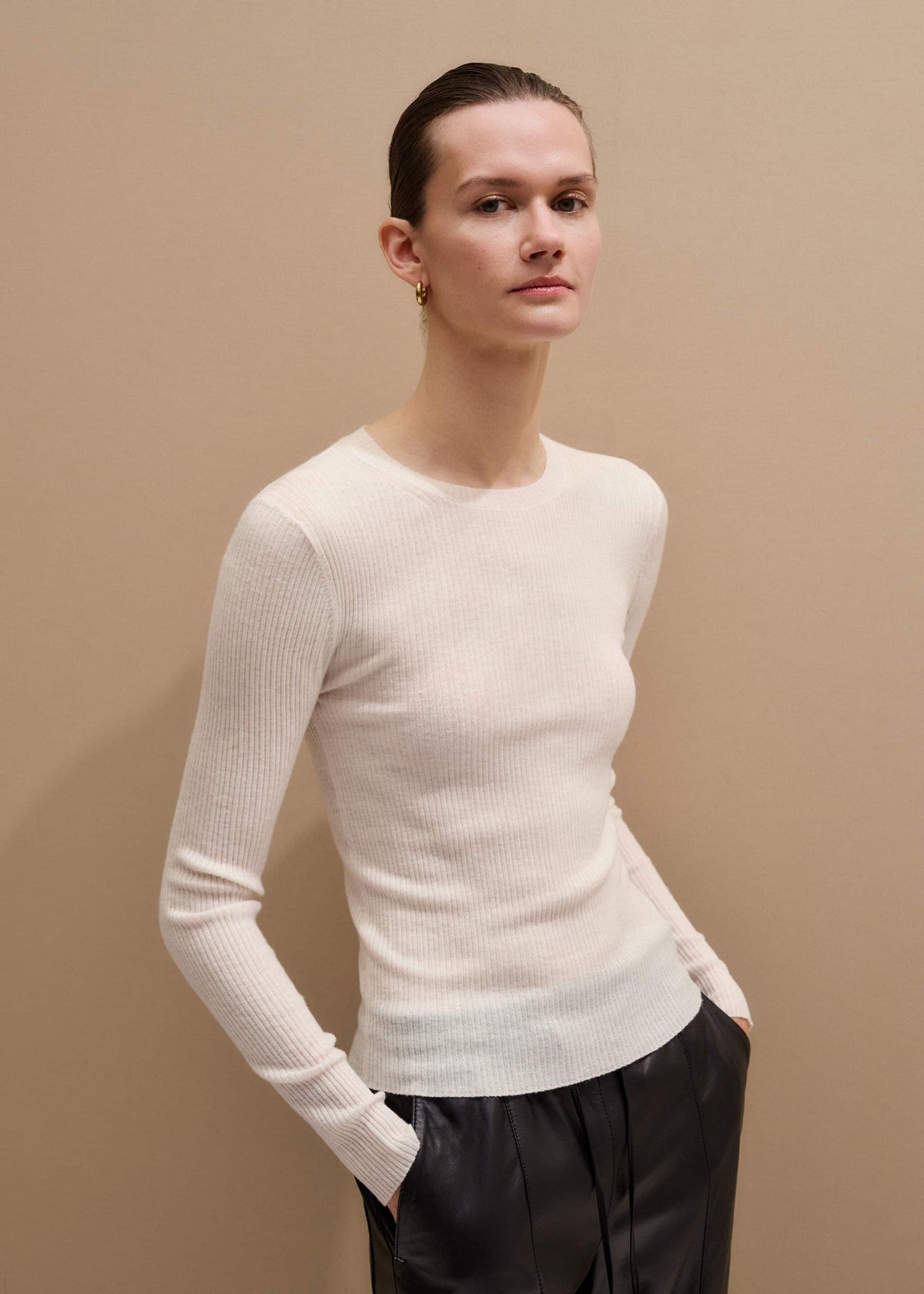 Cream Barely There Slim Rib Layering Sweater | ME+EM