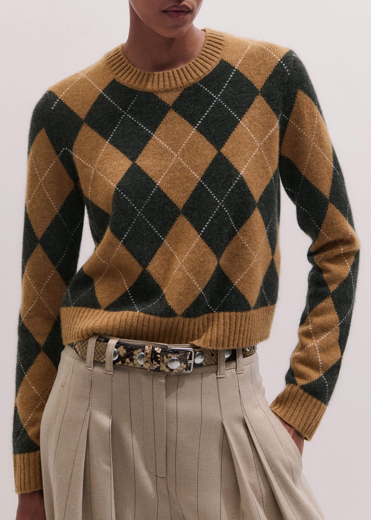 Brown Cashmere Relaxed Argyle Sweater | ME+EM